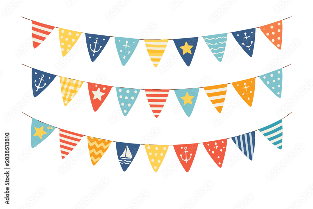 Obraz premium Swallowtail and Triangular Flags Bunting Collection with Different Geometric Patterns, Decorative Banner Illustration Isolated on White Background for Party, Celebration, and Event Decor.