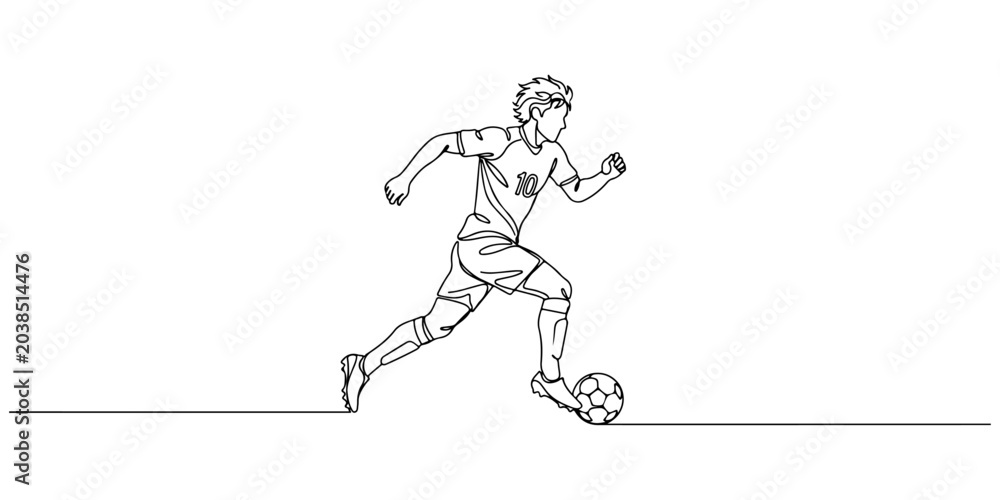 Fototapeta premium Continuous line drawing of a football player dribbling ball, line art vector illustration.