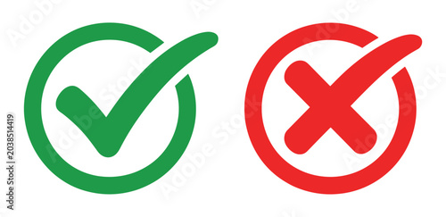 Tableau sur toile Correct and Incorrect Symbols: A green checkmark within a circle and a red cross within a circle, indicating right and wrong choices