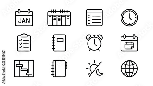 Set of 12 minimalist calendar and schedule planner line icons with uniform stroke width; organized grid layout for time management, event planning, appointments, and organizational productivity.