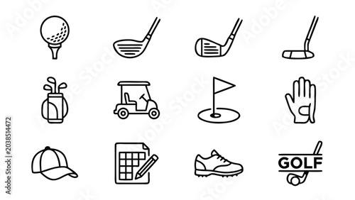 Set of 12 golf sport and club line icons with minimalist vector style and uniform stroke width; organized grid layout featuring equipment, competition, leisure activity, and professional gaming.