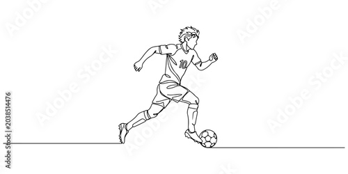 Continuous line drawing of a football player dribbling ball, line art vector illustration.