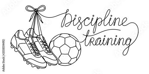 Continuous line drawing of a soccer shoes tied beside football discipline training, line art vector illustration.