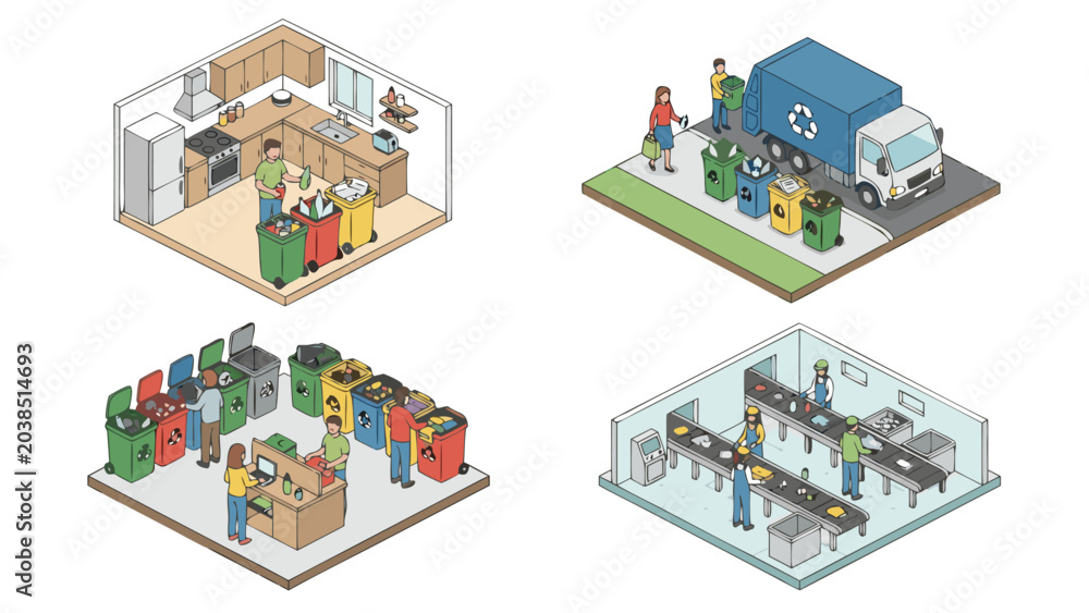 Fototapeta premium Ecological Waste Management and Recycling Isometric Vector Illustration Set Showing People Sorting Trash into Bins, Composting, and Promoting Environmental Sustainability and Green Living.