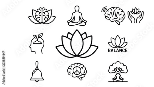 Serene vector outline icon set featuring mental health, meditation, and lotus symbols, designed for wellness apps, yoga studios, mindfulness practices, and spiritual growth resources.