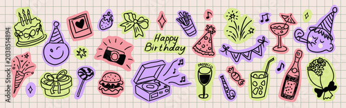 Hand Drawn Birthday Party Doodle Sticker Set with Celebration Elements, Cute Retro Pastel Icons on Grid Background