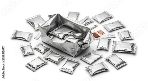 Isolated emergency food rations and survival kits arranged around a central package