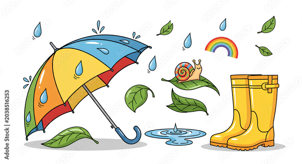 Fototapeta premium Colorful umbrella rain and boots A rainy day scene.