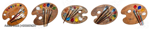 Professional Wooden Artist Palette and Paintbrush Collection Isolated on White Background for Fine Arts, Creative Workshops, and Design Education - High-Resolution Stock