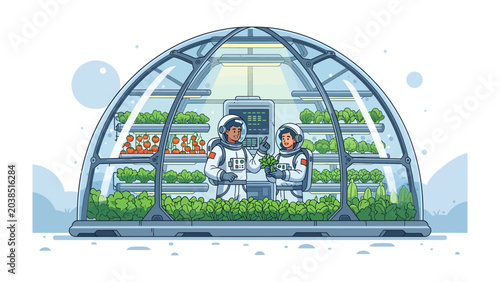 Photos Martian Greenhouse: Two astronauts tend to a vibrant, sustainable hydroponic garden inside a biodome on Mars, symbolizing future extraterrestrial agriculture and human exploration