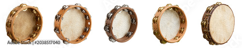 Fotografie Traditional Handheld Tambourines Collection Isolated on White Background for Mus