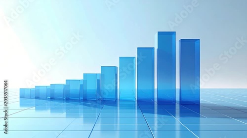 Gradient-blue, glassy columns showing growth. Reflections on a grid surface