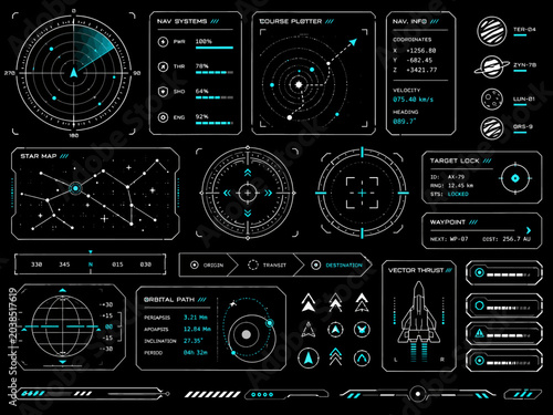 Futuristic UI elements for advanced technology displays. Features data visualization, navigation systems, interactive control panels. Ideal for science fiction and space exploration concepts