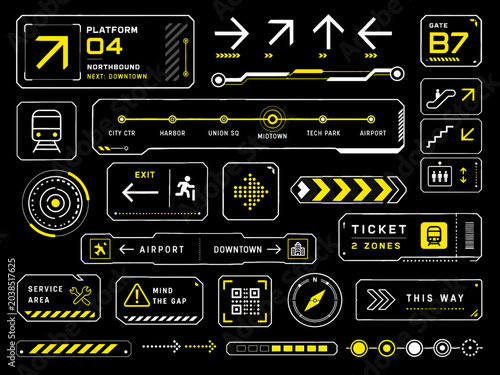 Modern collection of glowing neon user interface elements for futuristic digital display, transportation systems, information dashboards, and interactive navigation graphics