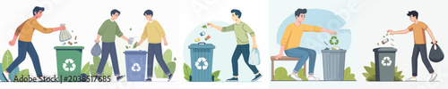 Fotografie Illustration of people recycling waste and sorting it into designated bins, prom