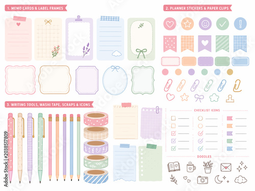 Delightful Pastel Stationery Collection for Creative Planners and Journals - A Sweet Assortment of Memo Cards, Decorative Stickers, Washi Tapes, Pens, and Various Cute Graphic Elements