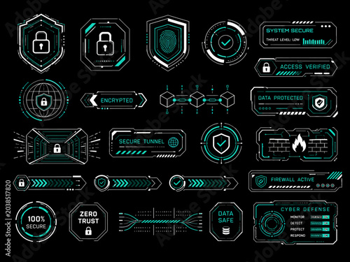 Modern digital UI elements for cybersecurity and data protection systems, featuring futuristic shields, encrypted locks, secure access indicators, and system status displays