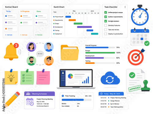 Digital productivity and project management toolkit with clean UI elements, task organization boards, data visualization, and workflow icons