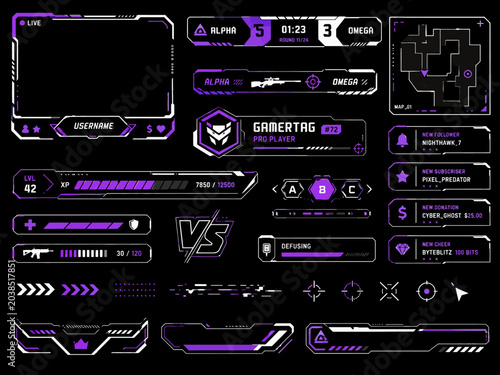 Futuristic gaming user interface elements, HUD components. A vibrant purple and white vector asset collection for modern digital entertainment game development