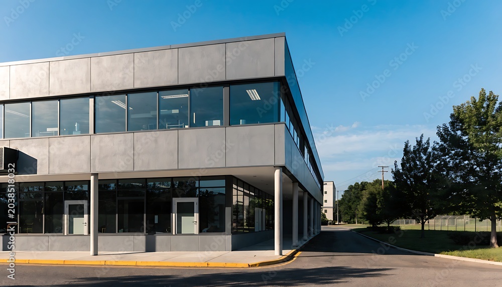 Naklejka premium Contemporary grey concrete office building with large glass windows and green trees under a clear blue sky, showcasing modern architecture and a