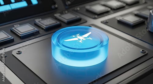 Close up of a glowing blue button with a bird symbol on a futuristic control panel.