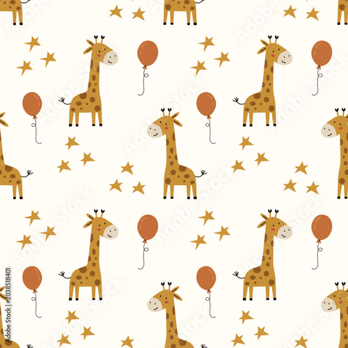 Photography Seamless pattern with spotted giraffes orange balloons and golden stars arranged in a repeating layout on a light cream background for nursery wallpaper textile prints