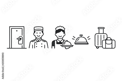 Extensive collection of clean linear icons depicting diverse hotel and hospitality services including professional bellhop assistance and luxury amenities for travel and tourism marketing.