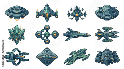 Foto Collection of futuristic alien spaceship designs and spacecraft.