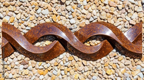Abstract metal sculpture set against a backdrop of pebbles.