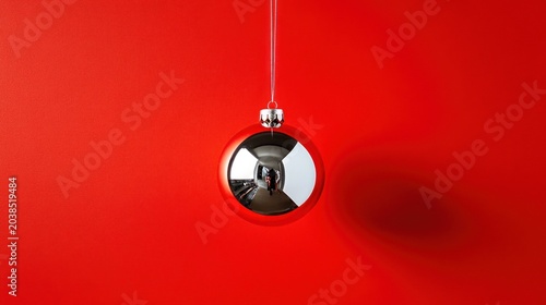 Silver christmas ornament hanging against a red background.