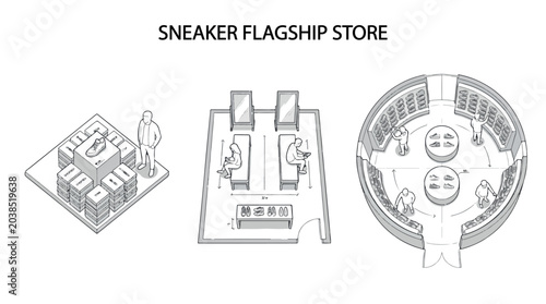 Konstfotografi SNEAKER FLAGSHIP STORE PLAN CAD Architectural Lines Designs , Editable Vector Strokes Illustrations