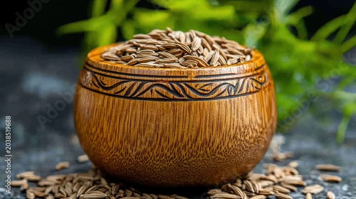 Wooden bowl filled with dried cumin seeds.