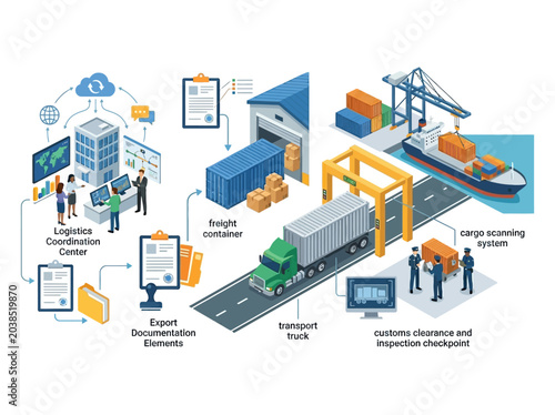 Logistics vector illustration showcasing international cargo shipping, transport truck, and customs clearance