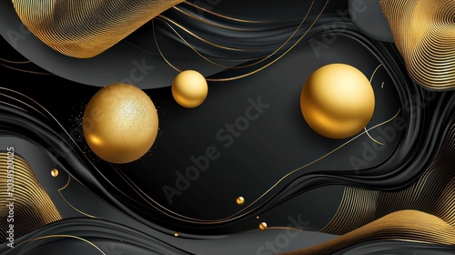 Abstract design with golden spheres and black flowing lines.