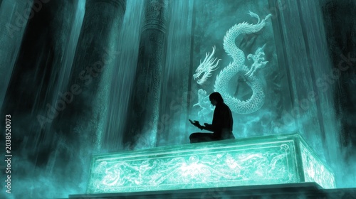 A person sits in a glowing, ornate structure, with a dragon design on the wall.