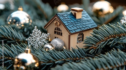 Miniature wooden house nestled amongst christmas greenery.