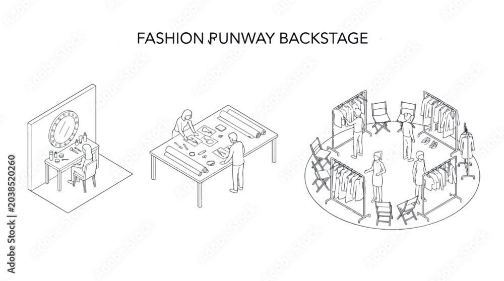Naklejka premium FASHION RUNWAY BACKSTAGE PLAN CAD Architectural Lines Designs , Editable Vector Strokes Illustrations. containing fashion, runway, backstage, isometric, illustration, design and more CAD designs.