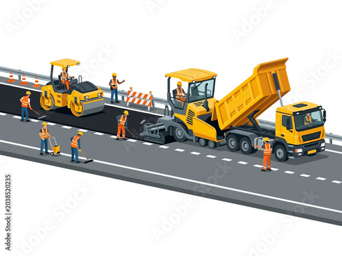 Vector illustration of road construction with workers, machinery, and asphalt paving