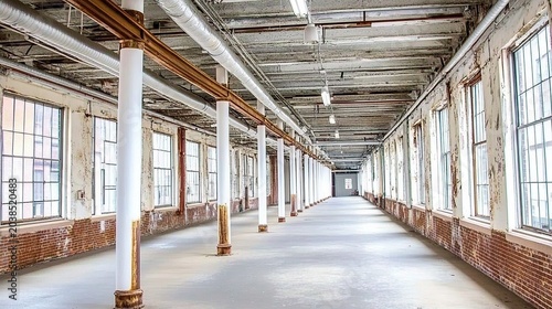 A Long Empty Industrial Warehouse Corridor with Large Windows and Weathered Wooden Pillars