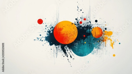 Abstract composition featuring vibrant circles and splatter effects on a light background