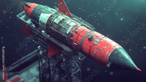A detailed, digitally rendered image of a vintage rocket atop a launch tower.  Red and gray tones,  showing intricate engine and support components.  A sense of history and potential danger