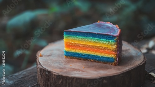 Close-up of a rainbow layered cake slice on a wooden stump