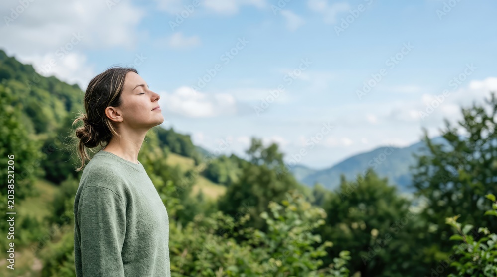 Fototapeta premium Happy Woman Breathing Fresh Air in Green Nature Outdoors Enjoying Wellness Healthy Lifestyle and Natural Relaxation
