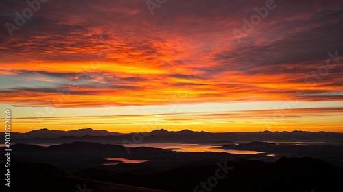 A Dramatic Sunset Over Silhouetted Mountains, Reflective Water, and Fiery Clouds