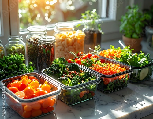A kitchen counter with glass containers of vegetables and fruits