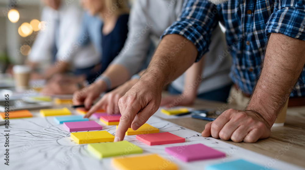 Fototapeta premium Strategy Session: Hands actively engage with colorful sticky notes arranged on a large table, illustrating a dynamic business strategy session filled with collaborative planning and idea generation.
