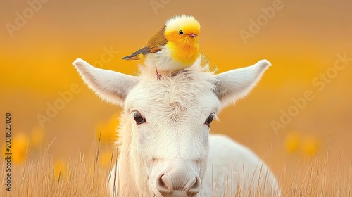 A Gentle White Cow with a Tiny Canary Perched on Its Head in a Golden Sunset Field