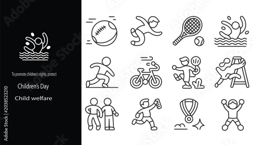 Schilderij op canvas Little girl and boy playing cycling, swimming,jumping,running, badminton, volley