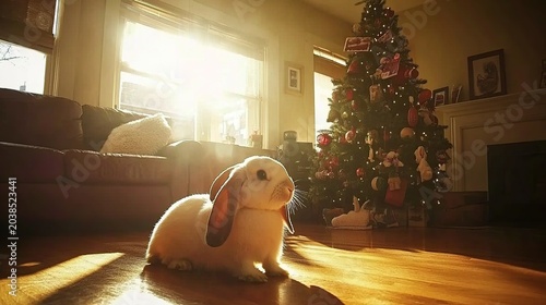 A Golden Retriever Sits Calmly on a Sunlit Living Room Floor by a Christmas Tree, Evoking Warm Holiday Serenity