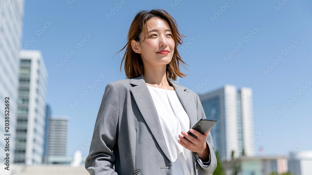Fototapeta premium Confident businesswoman on the go: A focused Asian businesswoman in a stylish grey suit, holding a smartphone and looking towards the future amidst a modern urban landscape.